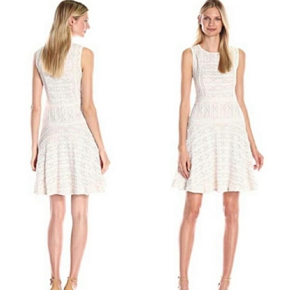 Vince Camuto Dress Womens L Ivory Floral Lace Sleeveless Stretch Fit Flare Party